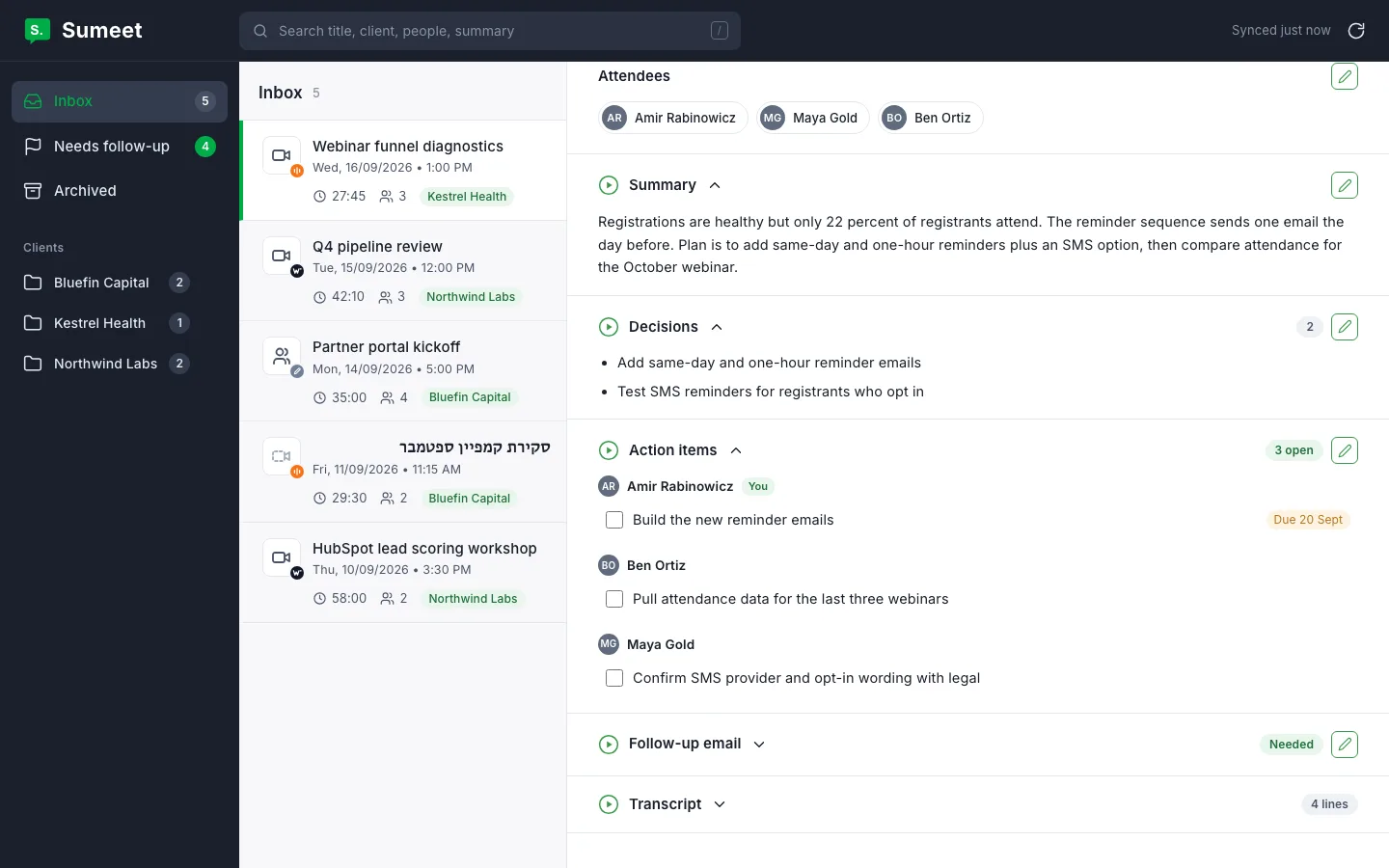 A meeting's follow-up email in Sumeet, ready to copy or open in Gmail