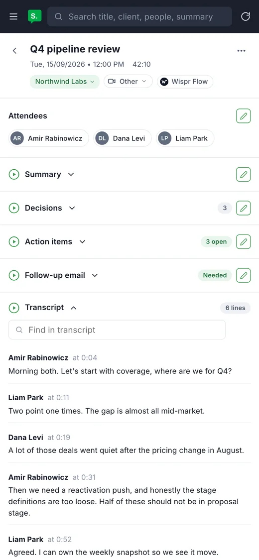 A meeting open in Sumeet on a phone, showing the transcript with each speaker and time stamp